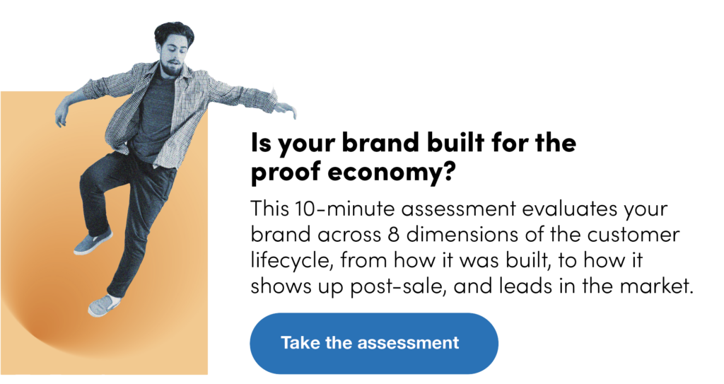 Is your brand built for theproof economy? This 10-minute assessment evaluates your brand across 8 dimensions of the customer lifecycle, from how it was built, to how it shows up post-sale, and leads in the market.